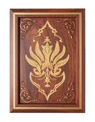 Richly detailed wood panel showcases ornate golden lotus motif with intricate scrolling details and polished wood grain