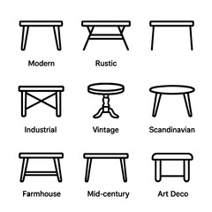 Table Style Icons. Outline icon set of table styles: modern, rustic, minimalist, industrial, vintage, Scandinavian, farmhouse, mid