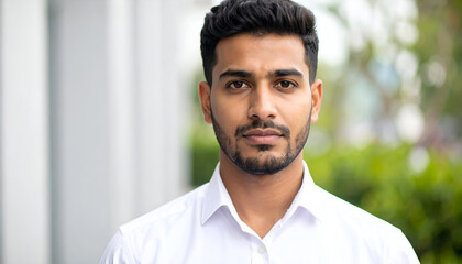 Serious young man portrait with outdoors.