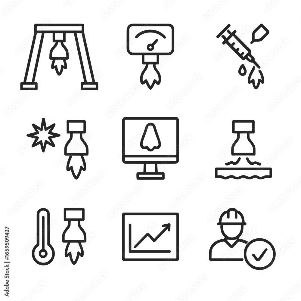 Poster thruster testing icons. outline icon set of thruster testing: test stand, thrust measurement, fuel i