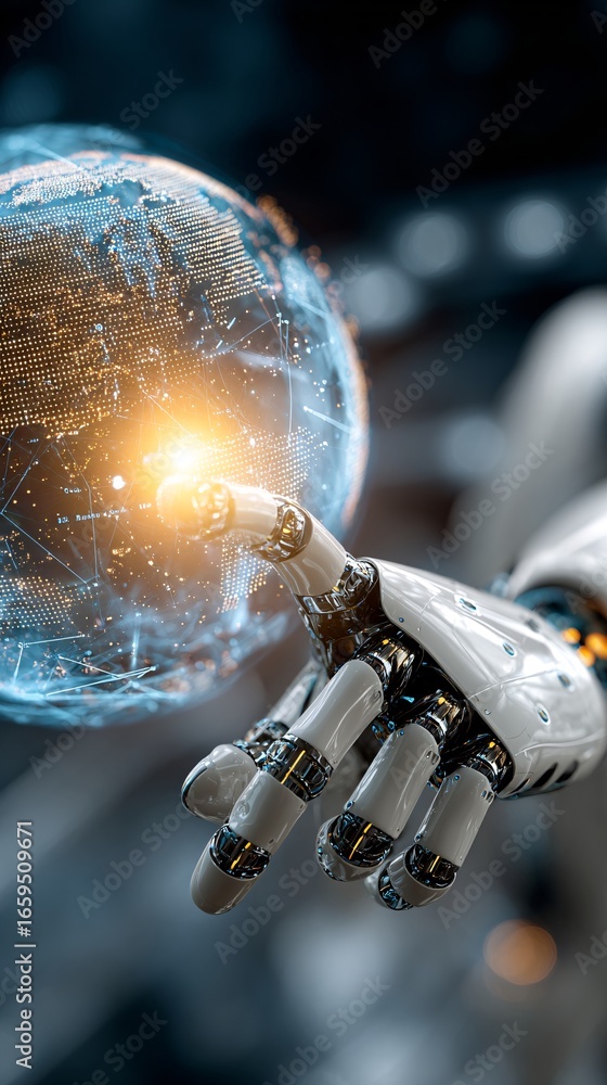Poster artificial intelligence robot hand reaching toward holographic data sphere, futuristic digital inter