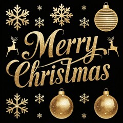 Merry Christmas Greeting with Golden Snowflakes, Baubles and Reindeer on Black Background AI-Generated