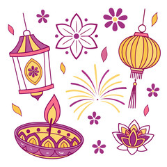 Deepavali set of flowers and birds