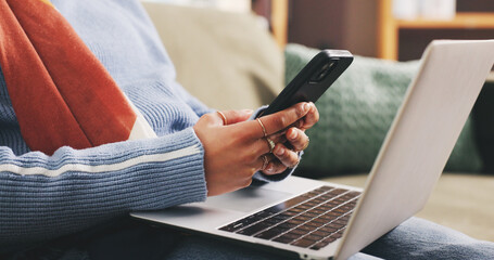Phone, laptop and hands of woman on sofa with networking, communication or mobile app in home. Computer, technology and female person with cellphone for online contact in living room at apartment.