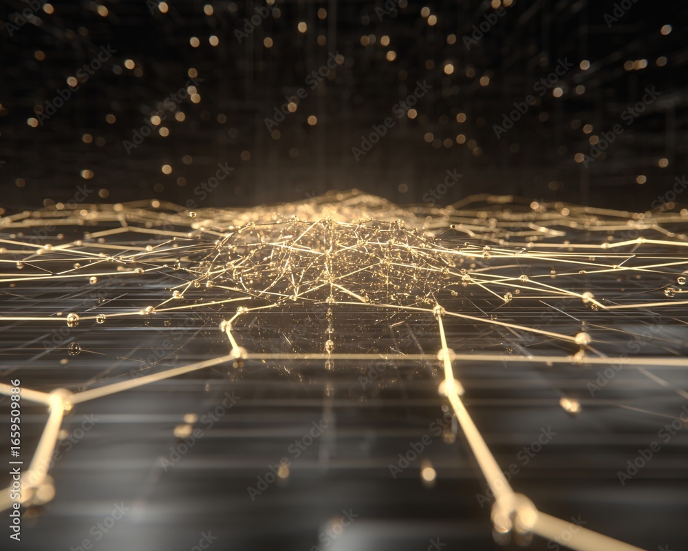 Poster abstract neural network visualization, glowing nodes connected by digital lines, futuristic grid bac