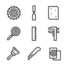 Fototapeta premium Tree Ring Tools Icons. Outline icon set of tree ring tools: saw blade, chisel, sandpaper, magnifying glass, ruler, caliper, brush,