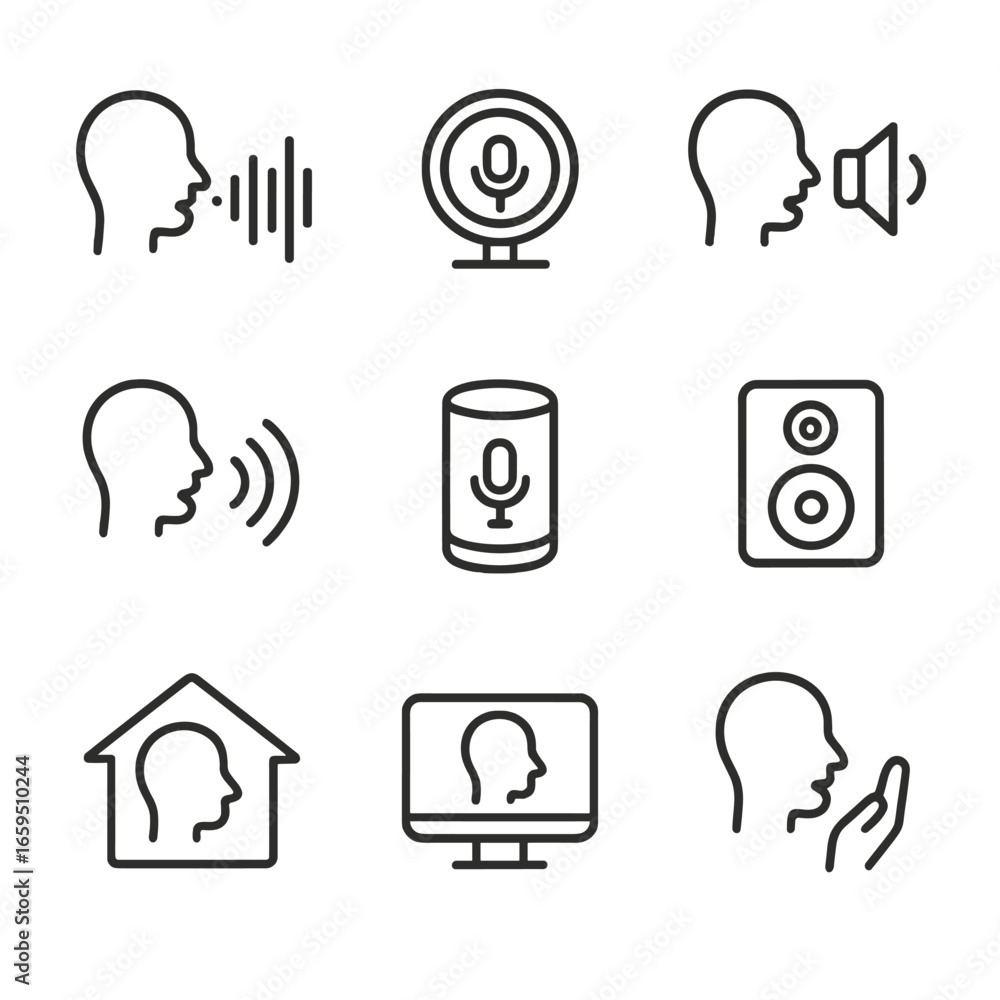 Poster voice tech icon set. outline icon set of voice in technology: sound recognition, audio sensor, noise