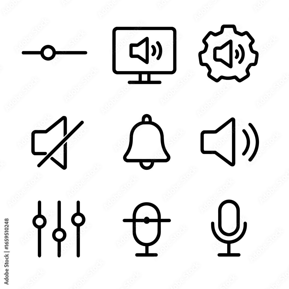 Poster volume control icons. outline icon set of volume settings in applications: volume slider, sound pref
