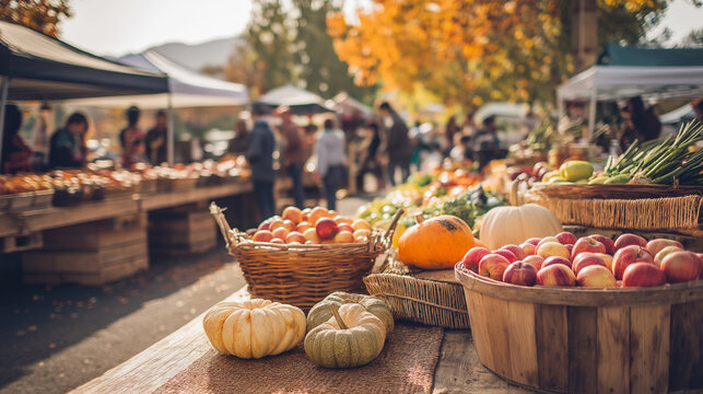 A vibrant farmers market scene with baskets of fresh produce including apples, pumpkins, and vegetables. The market is bustling with people enjoying a sunny autumn day, surrounded by colorful fall