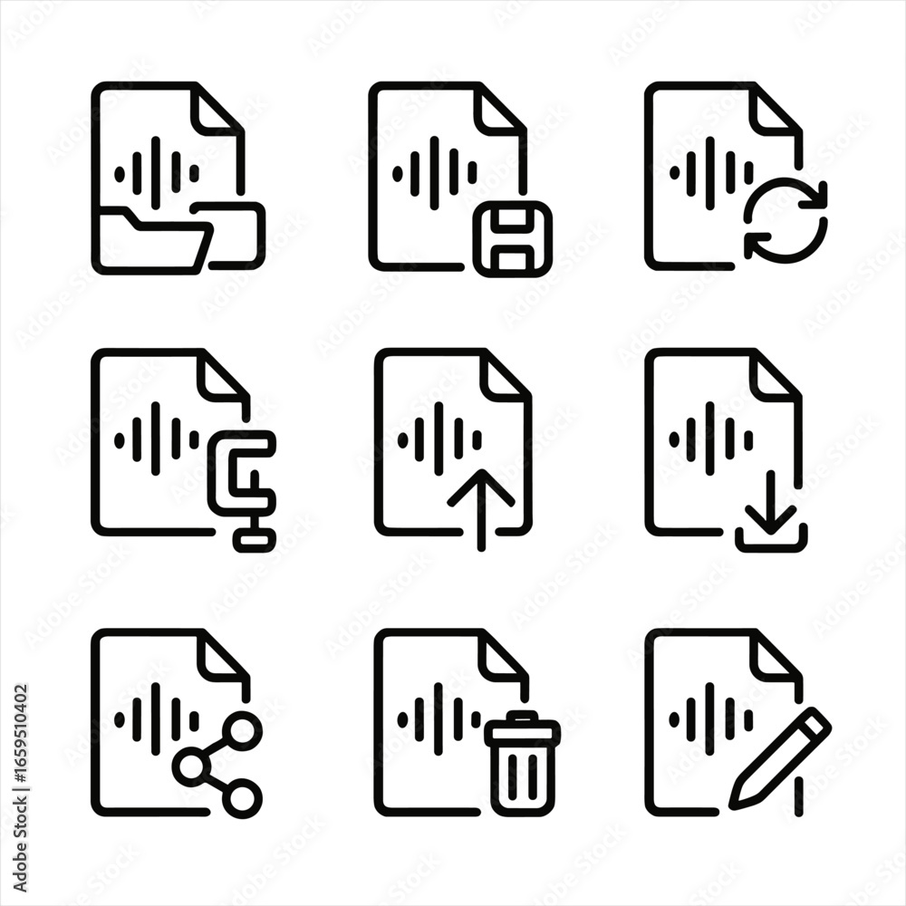 Aufkleber wav file icons. outline icon set of wav file operations: open file, save file, convert format, compr