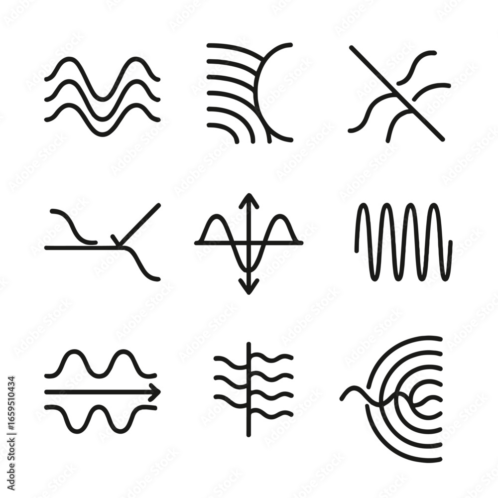 Poster wave phenomena icons. outline icon set of wave phenomena: interference, diffraction, refraction, ref