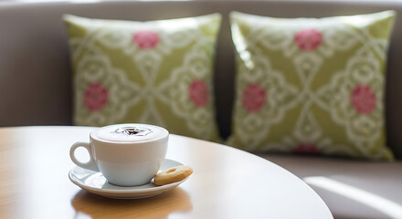 Relaxing Coffee Break A Cappuccino and Cookie by Cozy Cushions on the Table