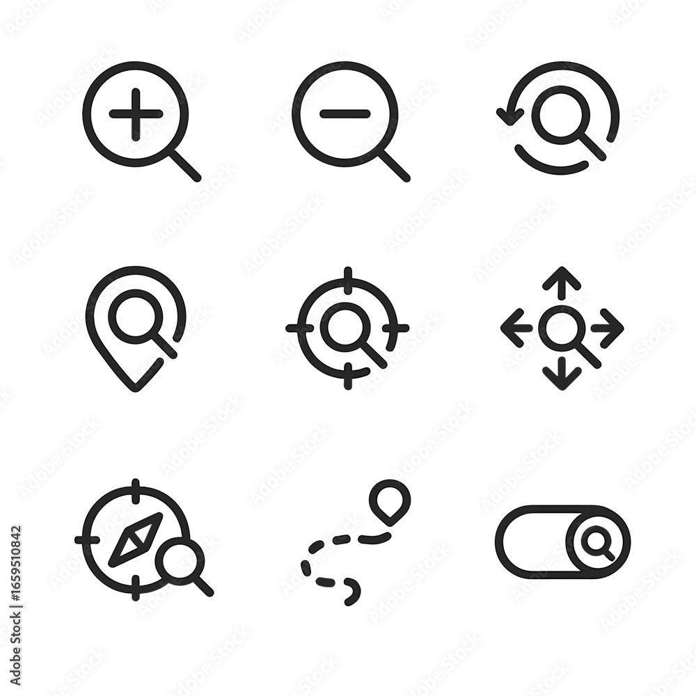 Poster zoom navigation icons. outline icon set of zoom navigation: zoom in button, zoom out button, zoom re
