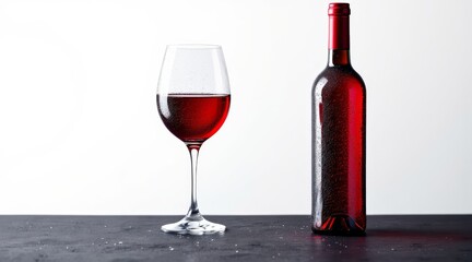 Wine Glass and Bottle of Red Wine with Water Droplets isolated on White Background