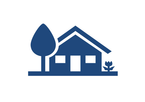 Minimalist blue house icon with tree and flower in the yard. Flat design symbol representing home, housing, property, real estate, or family residence.