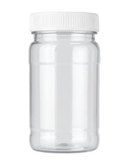 Sleek, modern clear plastic jar with white screw-on lid, perfect for product packaging and storage