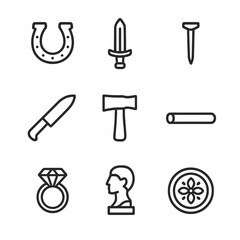 Anvil Workpiece Icons. Outline icon set of anvil workpieces: horseshoe, blade, nail, knife, axe, metal rod, jewelry, sculpture,