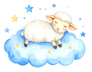 Sleepy Lamb on Cloud with Stars.