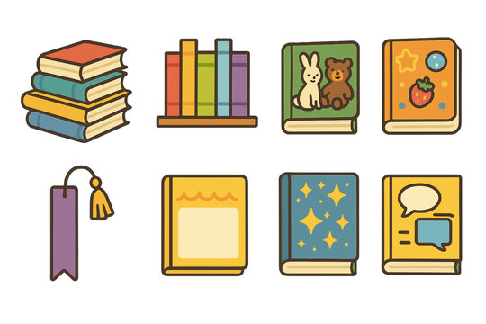 Colorful Kids' Book Icons. Flat vector mini-illustrations of kids’ book collections in colors children's