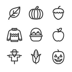 Autumn Icon Collection. Outline icon set of autumn season: falling leaf, pumpkin, acorn, cozy sweater, harvest basket, apple,