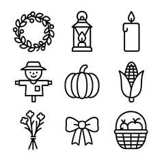 Fototapeta premium Autumn Decoration Icons. Outline icon set of autumn decorations: wreath, lantern, candle, scarecrow, pumpkin, corn husk, dried