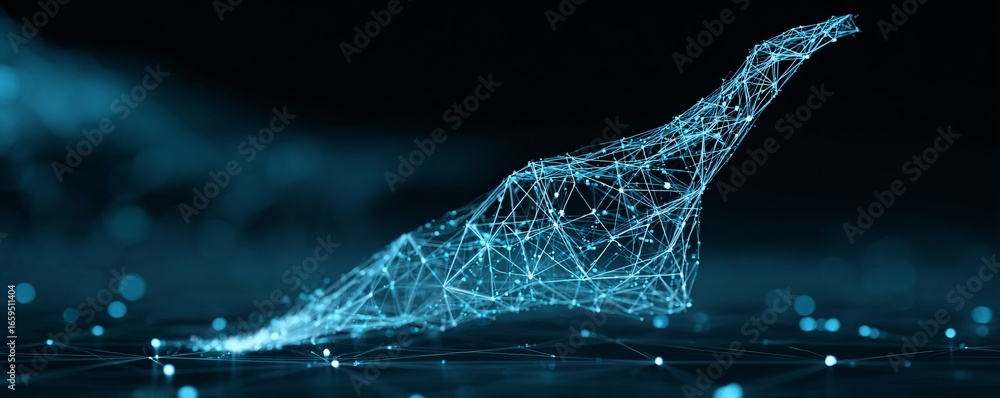 Poster ai hologram projecting 3d neural network model, futuristic blue light background, copyspace composit