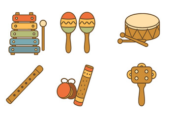 Colorful Musical Instruments. Flat vector mini-illustrations Wooden musical instruments in colors children's