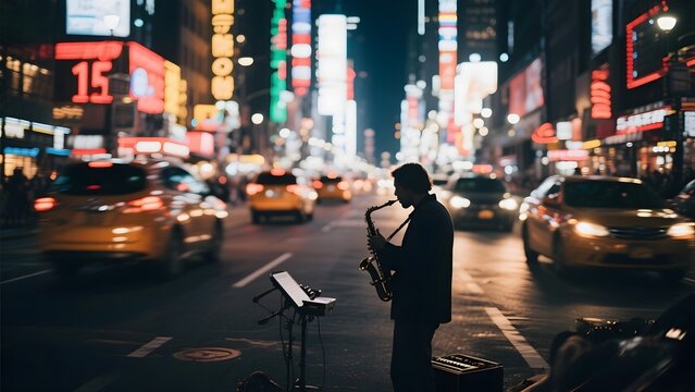 A saxophonist performs on a bustling city street at night, illuminated by vibrant neon lights and surrounded by moving vehicles.