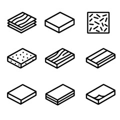 Board Material Icons. Outline icon set of board construction materials: plywood, MDF board, particle board, OSB board, hardwood