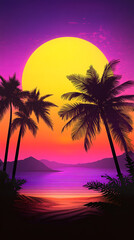 Colorful Tropical Sunset with Palm Tree Silhouette Background,generative ai	