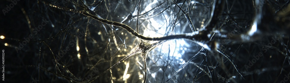 Poster abstract visualization of deep learning algorithms, glowing neural web, stock photo with copyspace