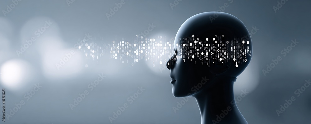 Poster futuristic robot head silhouette filled with digital binary code, technology background, copyspace