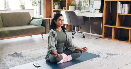 Woman, breath and meditation for yoga at house for fitness, spiritual healing and holistic balance....