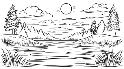 Line Art Landscape with Mountains and Sun Background,generative ai	