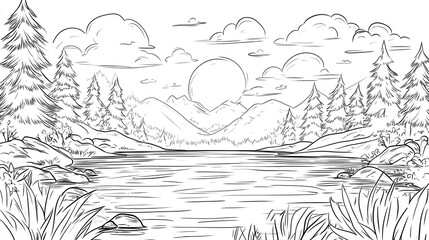Line Art Landscape with Mountains and Sun Background,generative ai	
