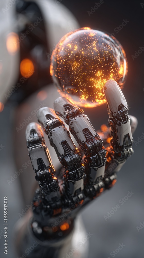 Poster robotic hand touching glowing sphere of data, futuristic artificial intelligence visualization, copy