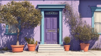 A purple building with a purple door and three steps. The frame of the door is blue. There are plants on either side of the door.