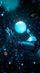 Futuristic Robot Hand Holding Glowing Crystal Ball Background,generative ai	