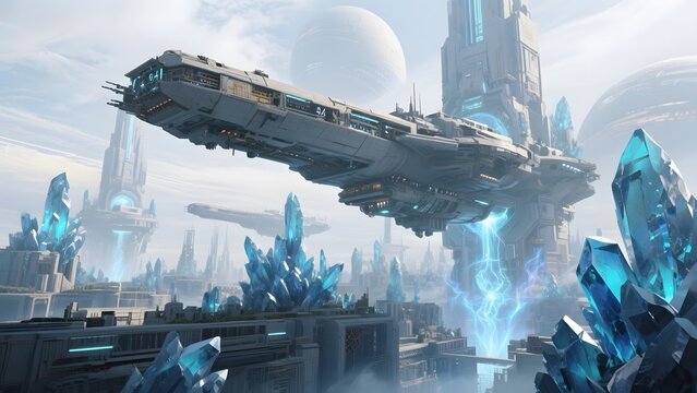 Futuristic Cityscape with Hovering Spaceship and Crystal Structures