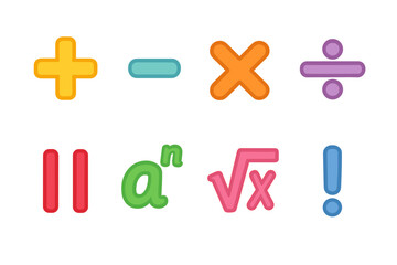 Obraz premium Colorful Math Icons. Flat vector mini-illustrations math operations in colors children's illustrations: addition, subtraction,