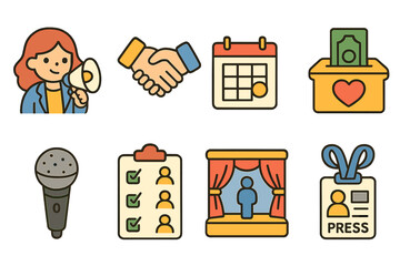 Community Outreach Icons. Flat vector mini-illustrations Community outreach events in colors children's