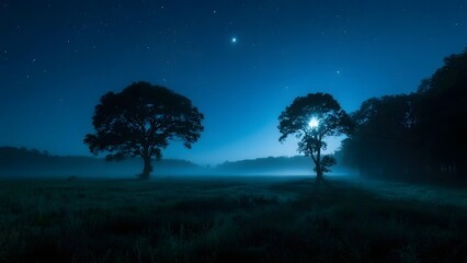 Nighttime Landscape with Illuminated Trees and Starry Sky