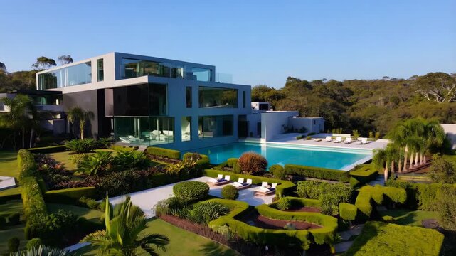 Luxurious modern villa with infinity pool surrounded by verdant landscape