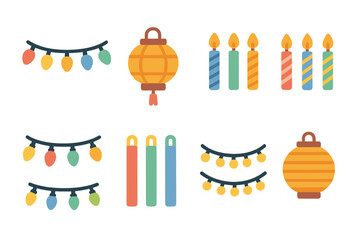 Naklejka premium Decorative Lighting Icons. Flat vector mini-illustrations decorative lighting in colors children's illustrations: fairy lights,