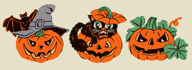 Halloween autumn Pumpkins with cat, bat, leaves. Jack Lantern colorful characters. Spooky scary smiley face. Hand drawn trendy Vector illustration. Isolated design elements. Logo, print templates