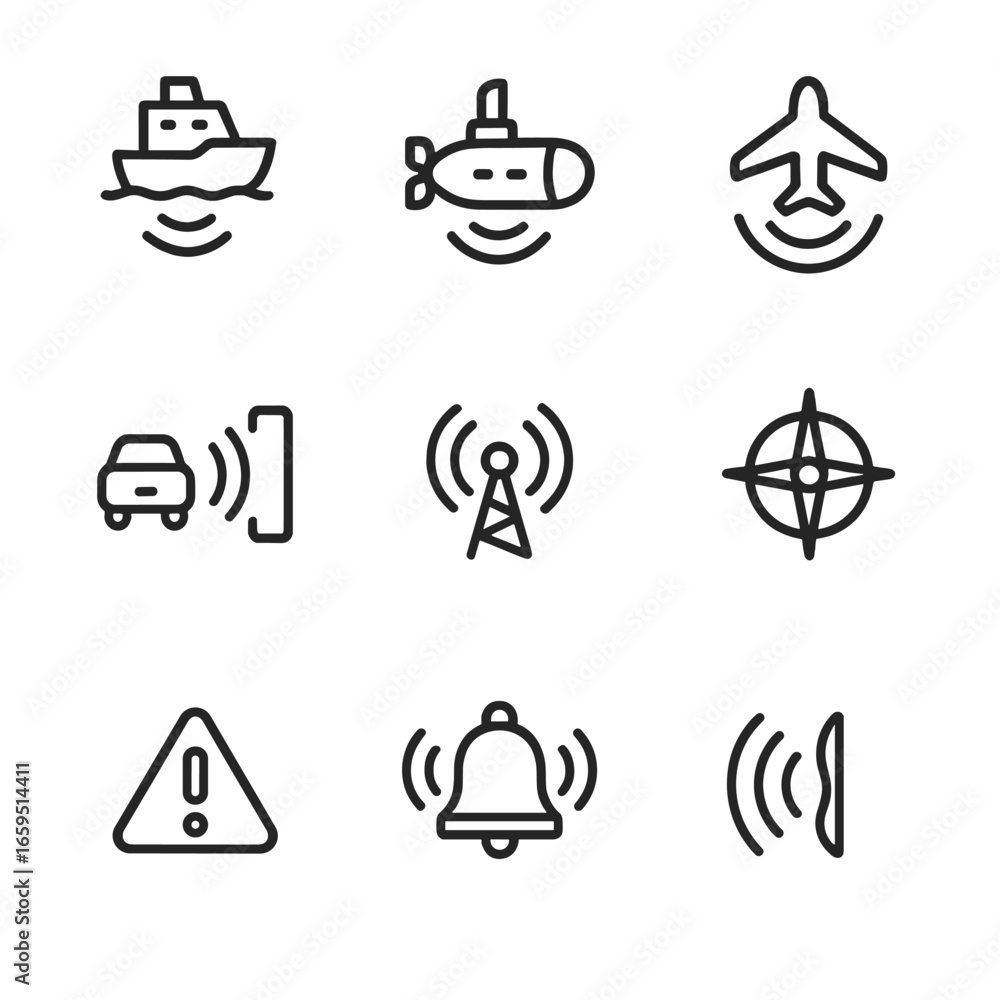 Aufkleber echo navigation icons. outline icon set of echo in navigation and safety: ship sonar, submarine echo