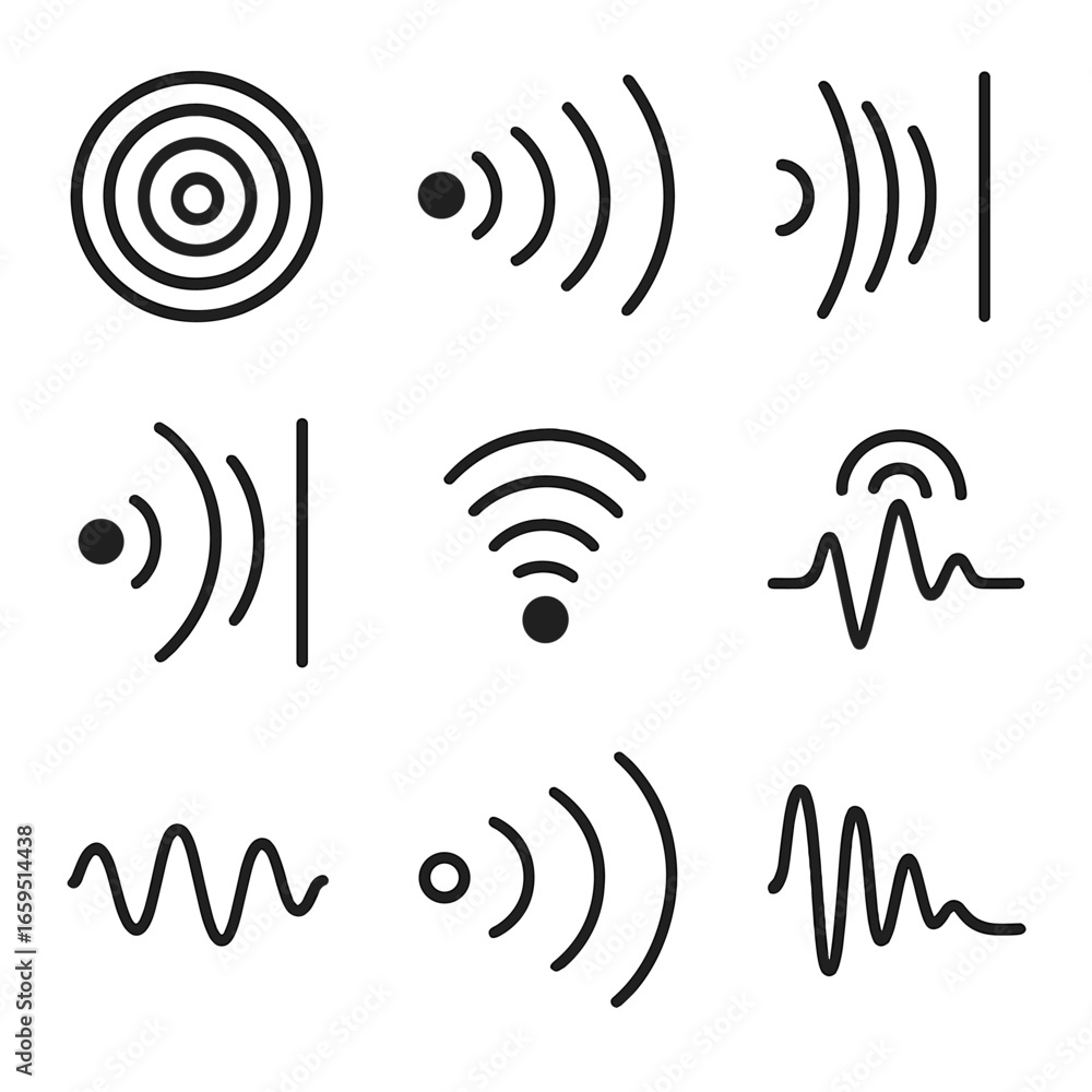 Poster echo icon set. outline icon set of echo visualization: concentric circles, wave propagation, echo bo