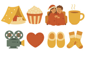 Cozy Night Icons. Flat vector mini-illustrations cozy night in colors children's illustrations: blanket fort,
