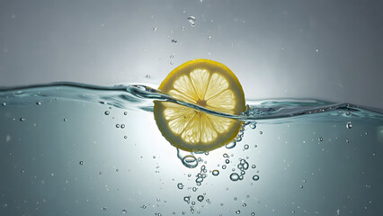 Refreshing Lemon Slice Submerged in Sparkling Water with Bubbles