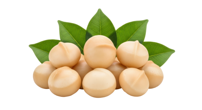 Isolated Group of Macadamia Nuts with Leaves